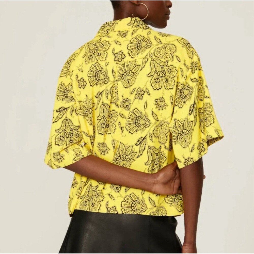 Saunders x RTR Rox Top Yellow Floral Short Sleeve V-Neck Button Front Sz 6 - Picture 2 of 8